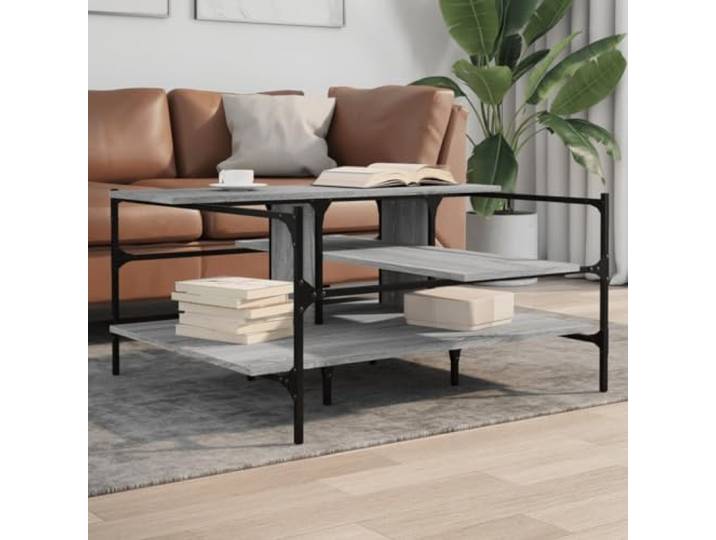 HEFZGDB Grauer Couchtisch Sonoma 100x100x48,5 cm Holzwerkstoff mit Stahlbeinen und robuster Tischplatte für Stauraum und Elegantes Wohnzimmerdesign