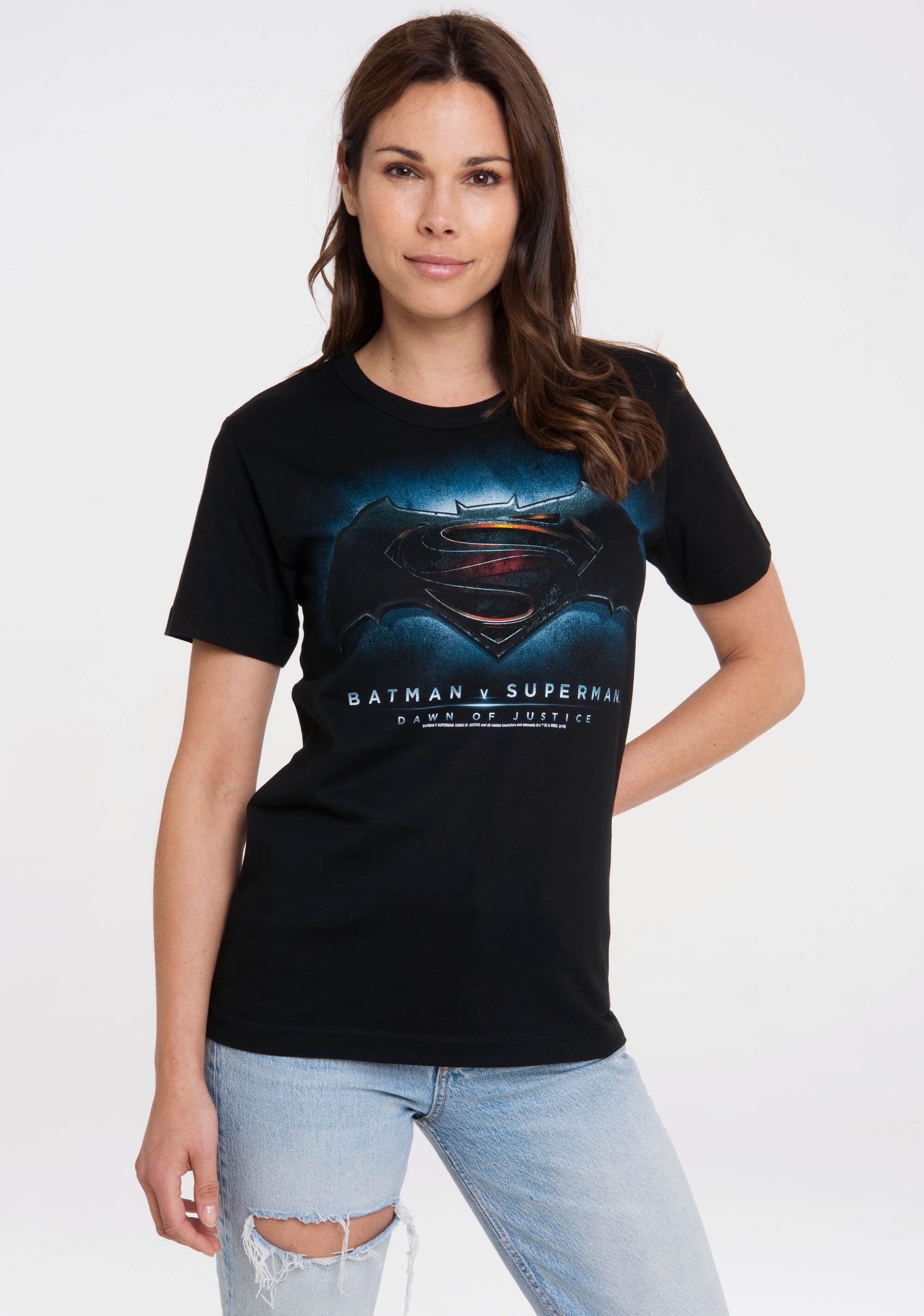 T-Shirt LOGOSHIRT "Batman v Superman - Justice", Damen, Gr. XL, schwarz, 100% Baumwolle, bedruckt, normal, Rundhals, Shirts T-Shirt, mit großem Superhelden-Print