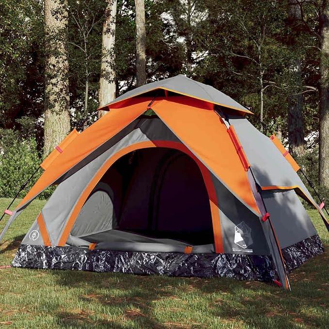 Kuppel-Campingzelt für 4 Personen, Grau Orange, Quick Release System, Wasserdicht, Outdoor Pop-up Zelt für Familie, Strand, Camping, mit E-Anschluss, 2 Eingänge