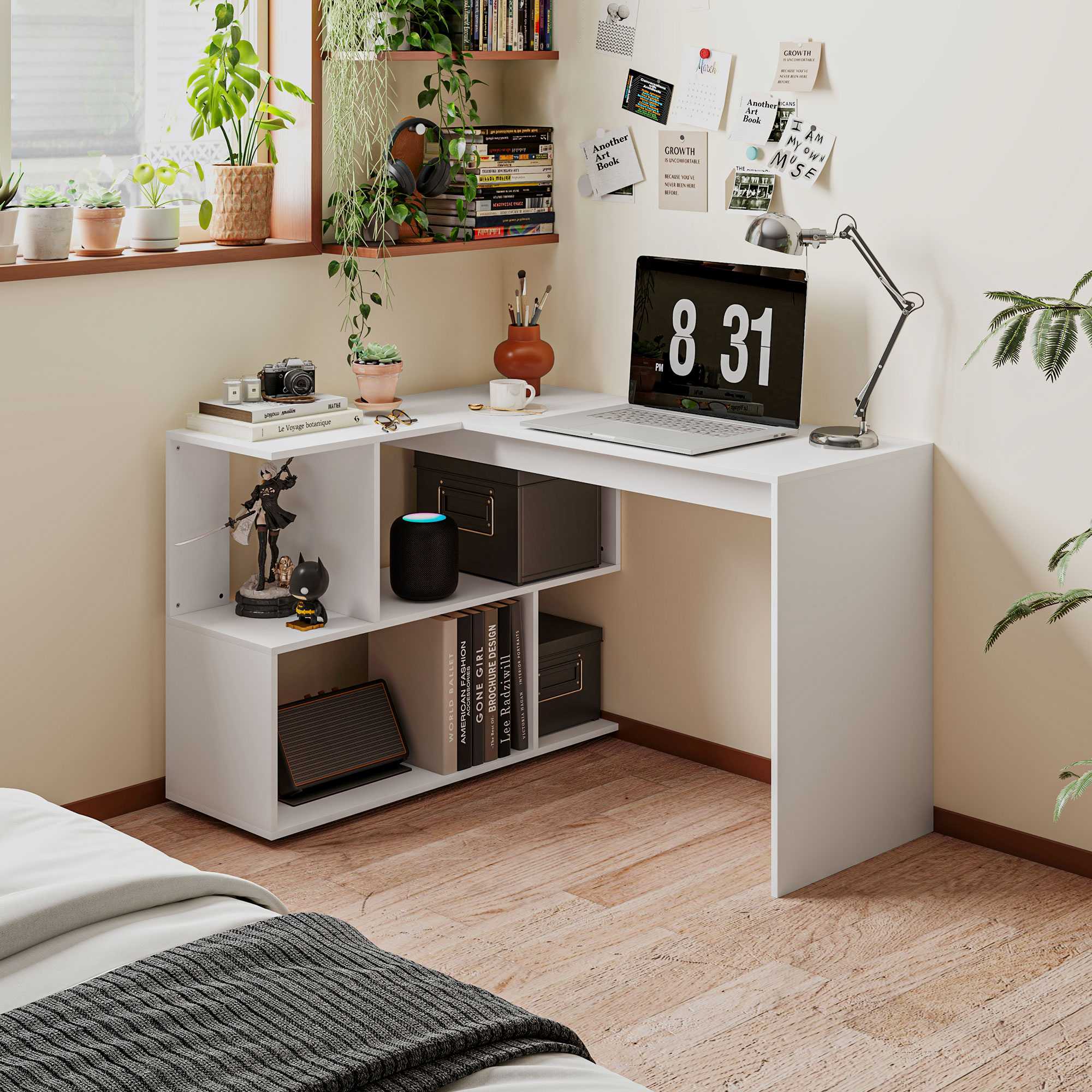 Homcom Scrivania Angolare Moderna per Ufficio con 4 Ripiani in Legno Bianco, 120x100x77 cm