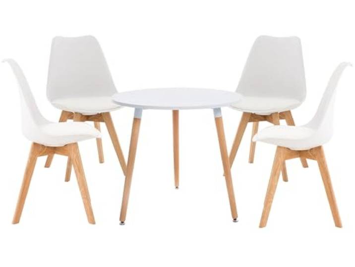 CLP Essgruppe Lansgar I Set aus 4X Stuhl Linares und 1x Tisch Ansgar I Runde Tischplatte Ø 80 cm I Moderne Essgruppe, Farbe:weiß
