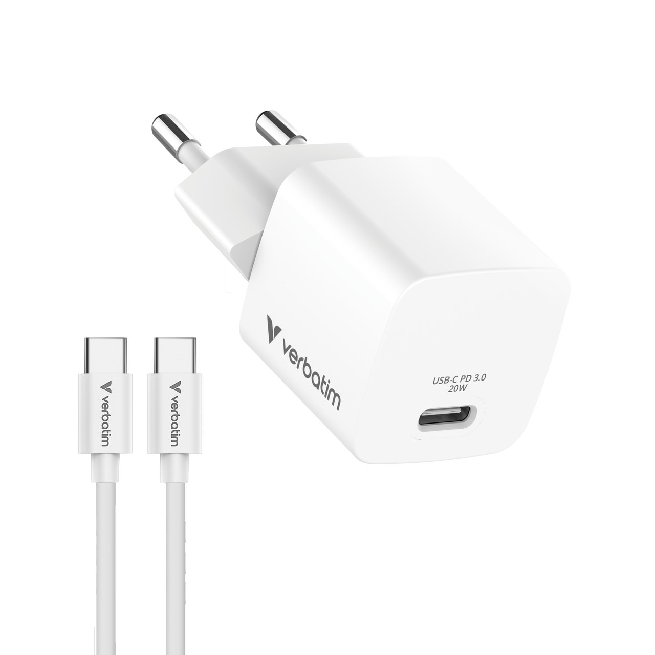 Verbatim 32396 Mini GaN Ladegerät 20W EU-Stecker Bundle mit 1m USB-C -Kabel weiß