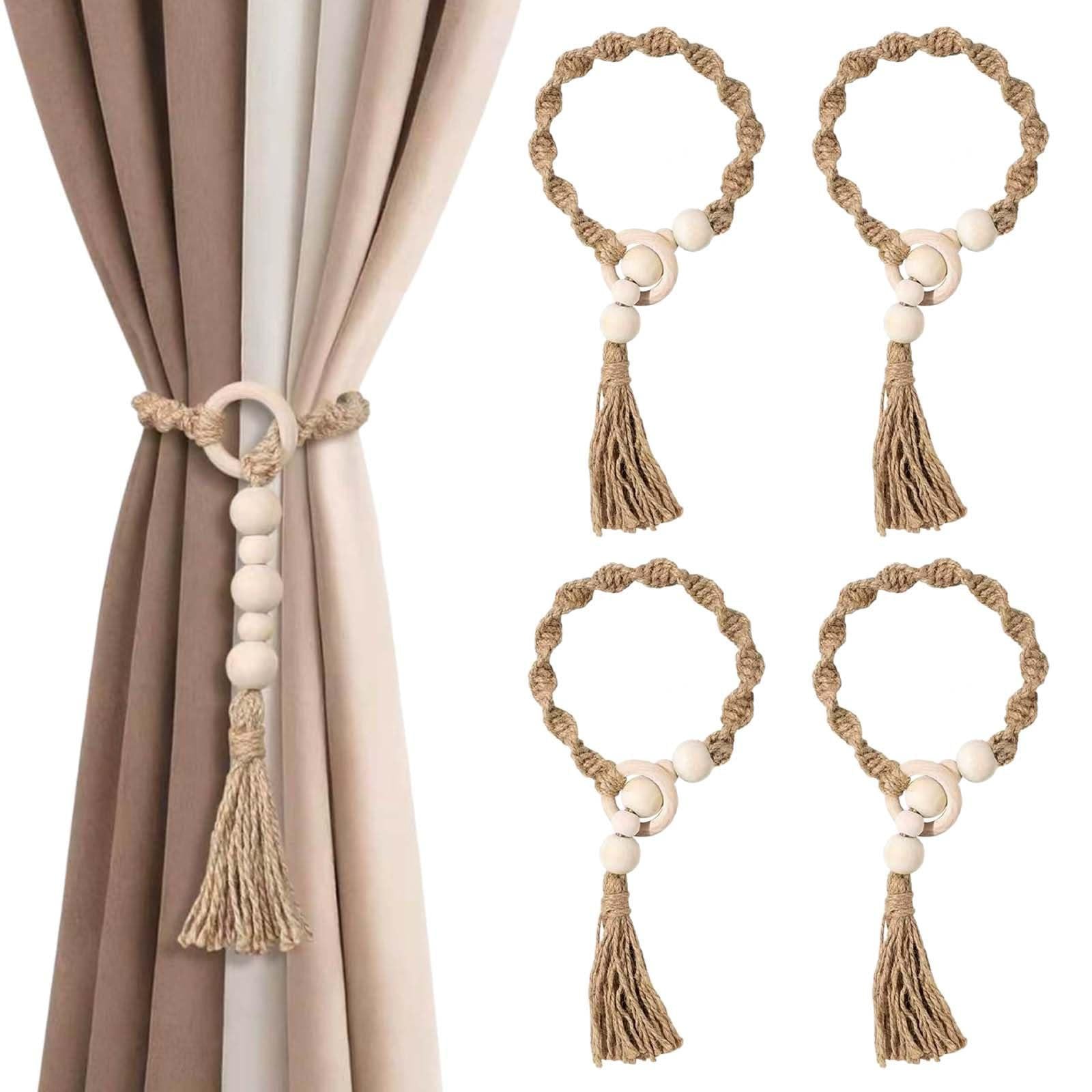 Dripio Set van 4 bohemien gordijnringen van jute met houten kralen