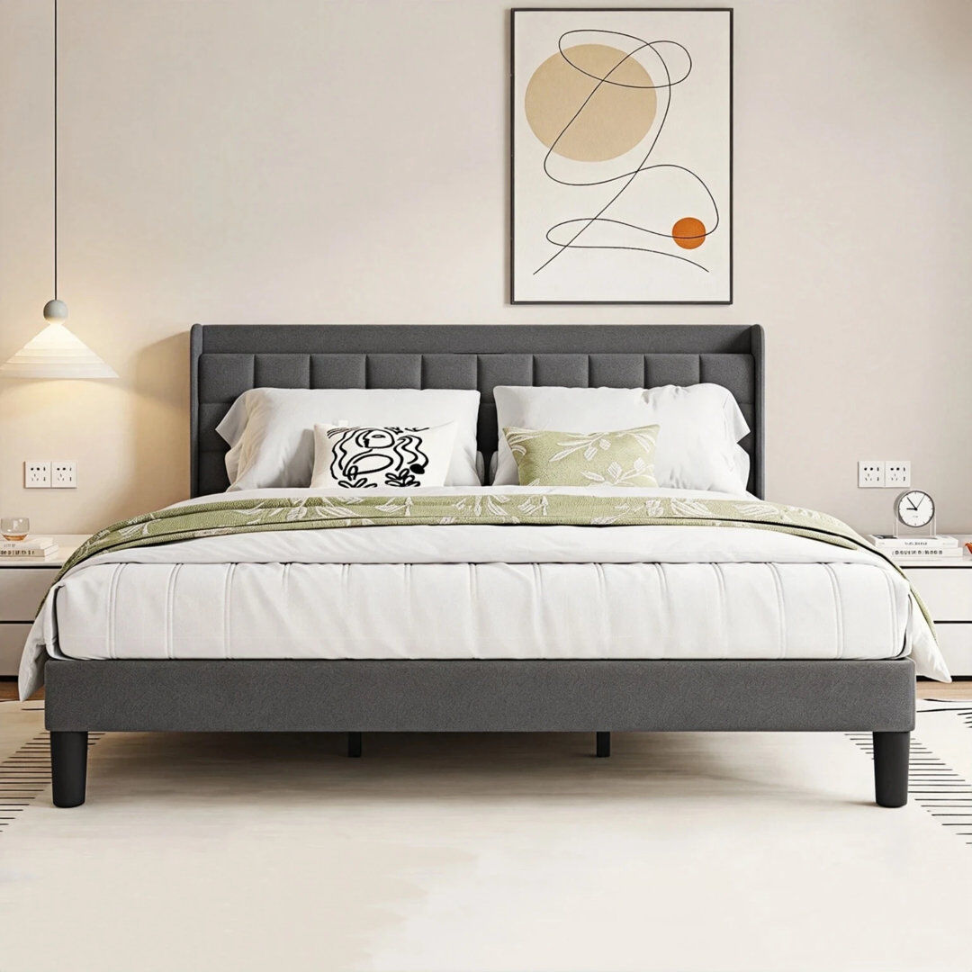 17 Stories Linen fabric soft bed frame with USB charging port Grey Single (3')