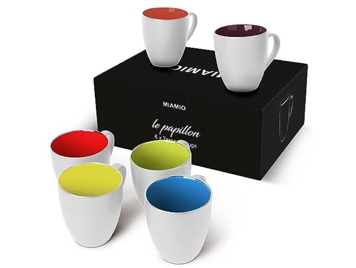 MIAMIO - Koffiemokken Set van 6 (350 ml) - Le Papillon (Wit-Gemengd)