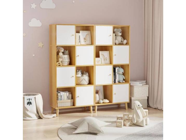 Bibliothèque avec 8 Cubes-MENGDA-Meuble de Rangement-Bibliothèque Étagère Rangement avec 4 Portes-Pour Salon-64.5x30x138cm