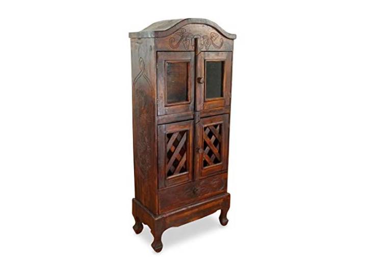 livasia Vitrinenschrank aus Massivholz - 53x28x123cm - handgefertigter Holzschrank mit Schnitzereien im Antik Stil aus Bali, Vitrine für Wohnzimmer & Esszimmer (Braun)