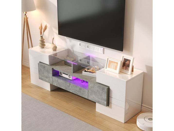 Piaenon - Meuble TV Brillant 145x30x51cm avec LED 6 Portes 2 Tiroirs 60kg Design Moderne Salon Élégant - Blanc