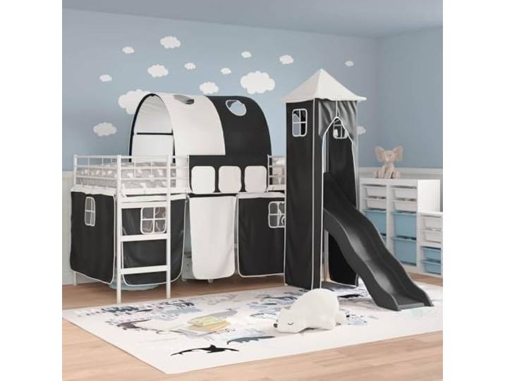 SKTQYQO Bett Loft Metall Weiß Schwarz 100 x 200 cm Faltbare Struktur, Vorhänge aus blauem oder schwarzem Netz, atmungsaktive Paneele, Verwendung im Innenbereich