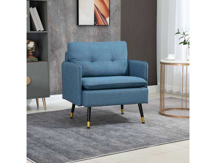 HOMCOM Fauteuil Scandinave Tissu Bleu Pieds Métal Noir/Doré