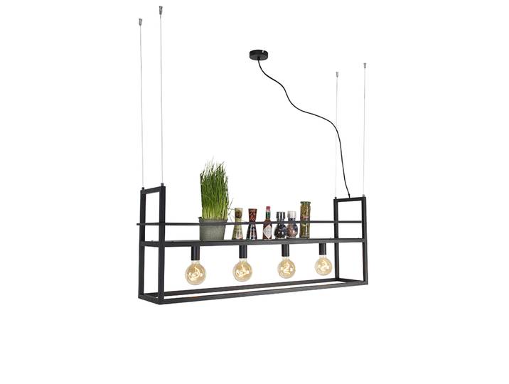 Suspension industrielle noire avec étagère grande 4 lumières -