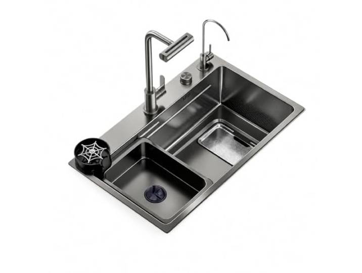 Schwarze Küchenspüle Edelstahl mit Wasserfall, Multifunktional mit LED Durchdachte Küchenstation für komfortables Spülen, Waschen und Vorbereiten mit vielseitiger Ausstattung