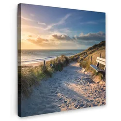 LEINWANDBILD Sonnenuntergang - Strand - Düne - Gras - Ufer Wandbild Wohnzimmer 50x50 cm
