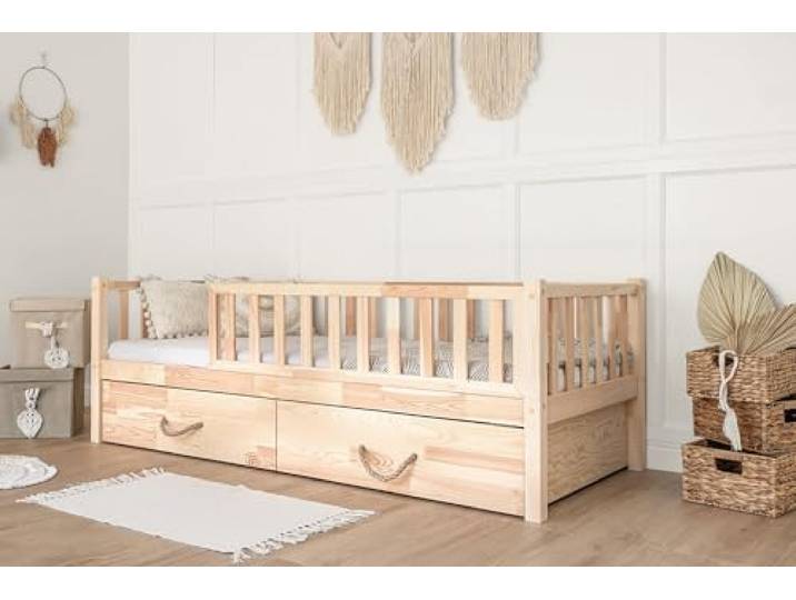 SCANDILAND Kinderbett ARIA Hausform mit Schlaffunktion, handgeschliffen Kiefernholz, Schlaffunktion, Schutzgitter, Stauraum, Made in EU, abg. Kanten, nach EN 71-3 geprüft, inkl. Lattenrost