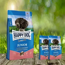 Happy Dog Sensible Junior Huhn, Lachs & Kartoffel - 10 kg + 2 x 1 kg - Glutenfreie Vollnahrung für sensible Junghunde ab dem 7. Monat