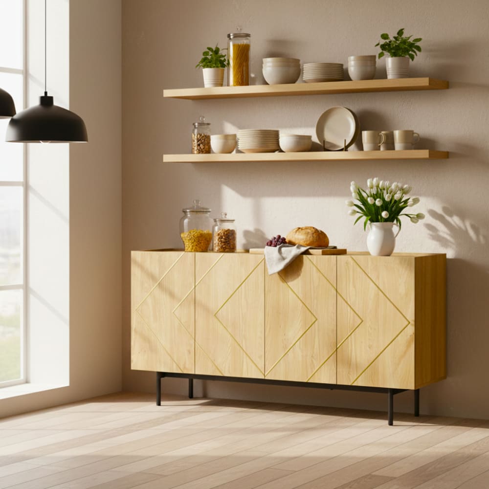 Urban Meuble Console en bois clair avec motifs géométriques dorés Beige 160x78x40cm