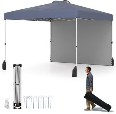 Costway 10 X 10 FT Pop up Canopy Tent with 1 Sidewall and Wheeled Bag-Gray