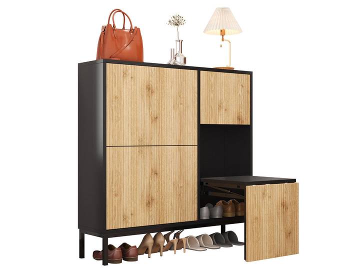 Redom Schuhschrank mit 2 Schubladen und 2 Türen, strukturierte Paneele mit vergoldeten Akzenten, 100/25/100 cm, Schwarz und Holzfarbe, Naturfarben, 100x25x25 cm, Garderobe, Schuhaufbewahrung, Schuhschränke