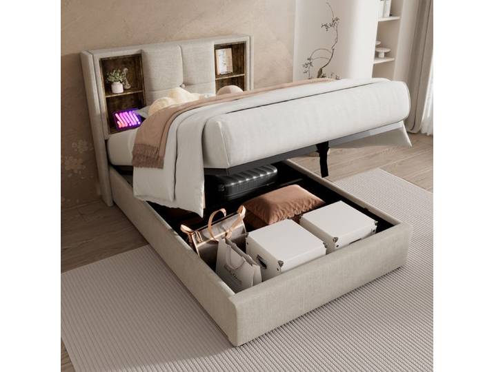 Lit simple - Rembourré - 90x200cm - Charge sans fil - Rangement - Lin naturel