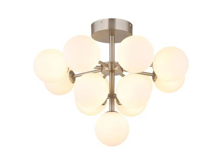 Deckenleuchte 13-Flammig Deckenlampe Glaskugeln weiß Wohnzimmerleuchte Modern, Metall nickel-matt, 13x G9 Fassungen, DxH 56x43 cm