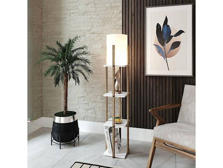Lampadaire avec étagères en bois KILIS - Blanc / Chêne