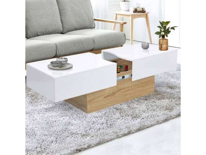 IDMARKET Table basse coulissante rectangulaire MARTA bois imitation hêtre et blanc