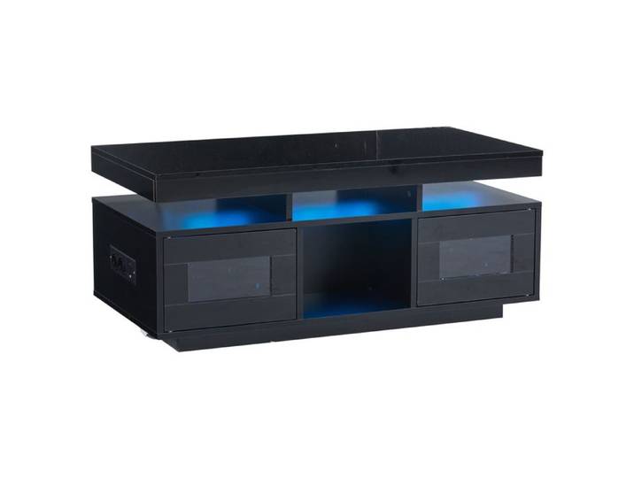 Table basse noire LED 100 cm 2 portes acryliques prises européennes et USB