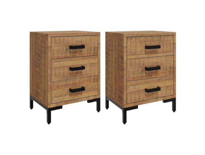 Fisinber Nachttisch 2er Set 40x30x55 cm Massivholz Kiefer Beistellschrank Kompakter Beistellschrank fürs Schlafzimmer mit 3 Schubladen und Metallfüßen für funktionale Ordnung im Landhausstil.
