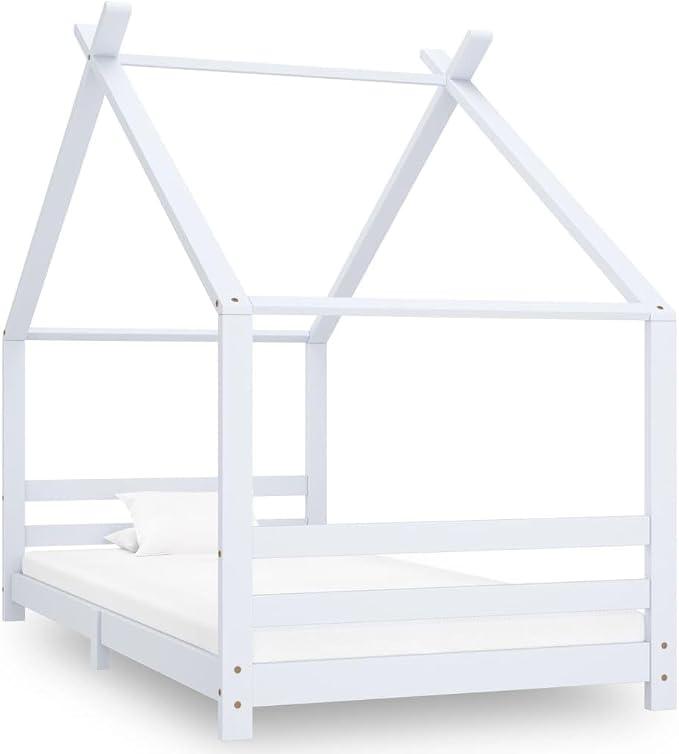 Kinder Bettgestell Weiß aus massivem Kiefernholz, 90 x 200 cm, Hausbett mit Lattenrost, Spielhaus für Kinderzimmer, Leseecke, Robustes Holzrahmenbett