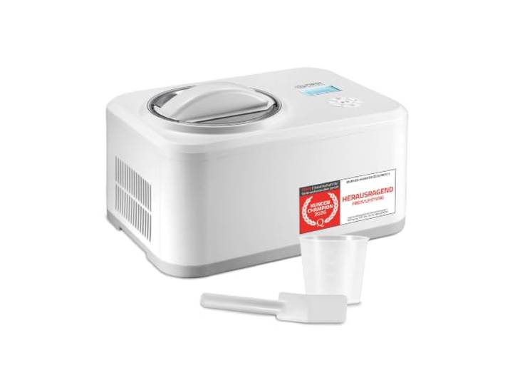 TZS First Austria - Eismaschine 1,5L - 120W - 4-in-1 Speiseeis- & Joghurtbereiter mit Heizfunktion - Selbstkühlend - Entnehmbarer Edelstahl-Behälter - Weiß