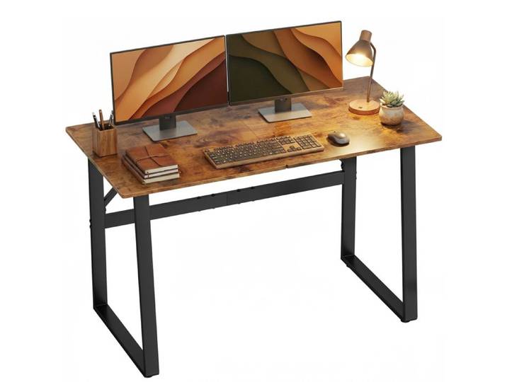 Bureau Industriel 120x60x76 cm Table Informatique Acier et Bois Mélaminé Marron Rustique