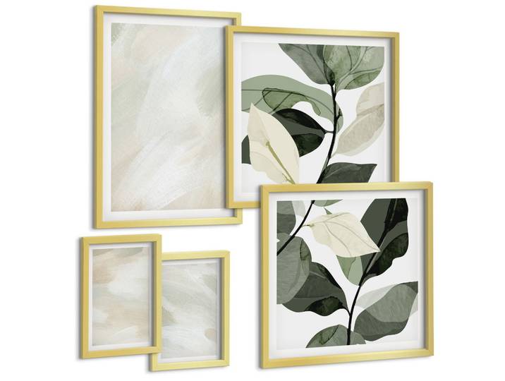 BILDER SET 5er Set - 50x50 cm & 20x30 cm & 40x60 cm Goldrahmen - Leuchtende, abstrakte Boho-Farben