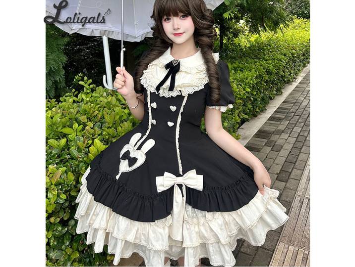 Robe Lolita mignonne à manches courtes, col Peter Pan, robe de soirée à volants superposés ~ bourgeon de fleur crémeux