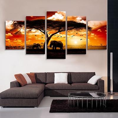 5 Paneele Wandkunst auf Leinwand, Poster, Gemälde, Kunstwerk, Bild, Elefant, Tier, Baum, Sonnenuntergang, Heimdekoration, Dekoration, gerollte Leinwand mit gespanntem Rahmen
