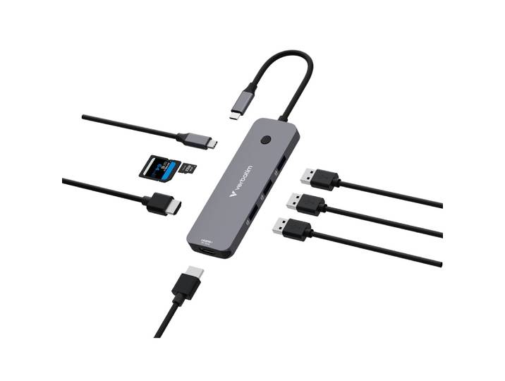 Verbatim CMH-08, USB Type-C, HDMI, USB 3.2 Gen 1 (3.1 Gen 1) Type-A, USB Type-C, MicroSD (TransFlash), SD, 5000 Mbit/s, 30 Hz, Argent 32151