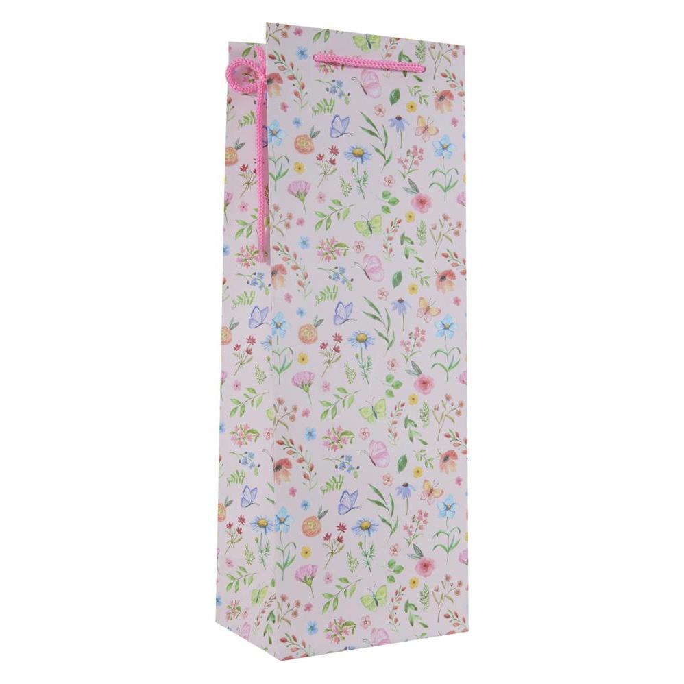 Idena Flaschentasche Blumen Kraftpapier 140g/m² rosa 12,5x35x9cm (53789554)