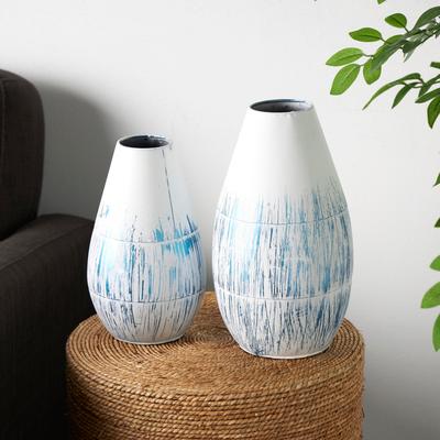 ARCILLA ELEMENTAL Blue Metal Brushed Decorative Vase with White Background (Set of 2)