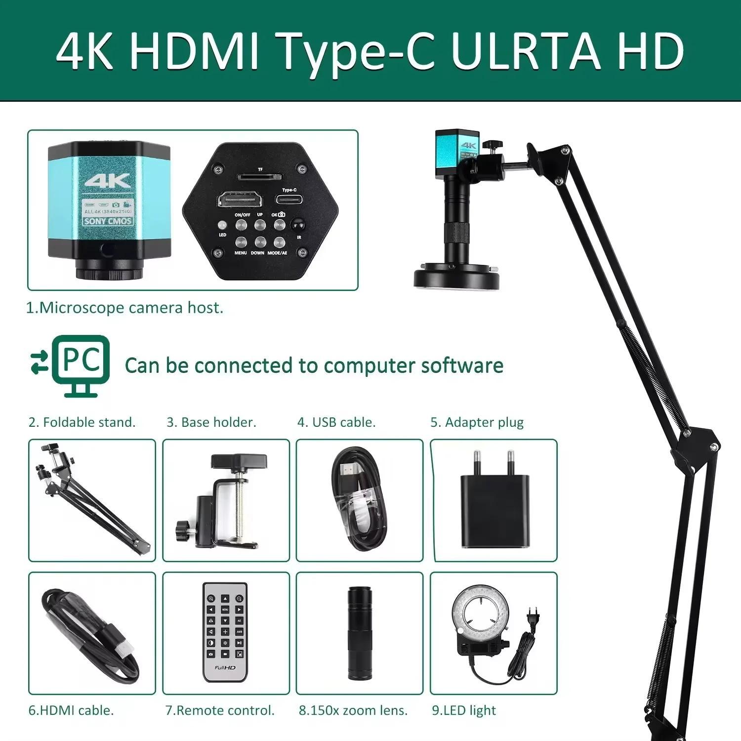 Digitales Mikroskop - Industrie Videokamera mit C-Mount - 4K HDMI USB-C Ausgang - 150x Vergrößerung - Für Löten, PCB und Handyreparatur - 4K HDMI Type-C
