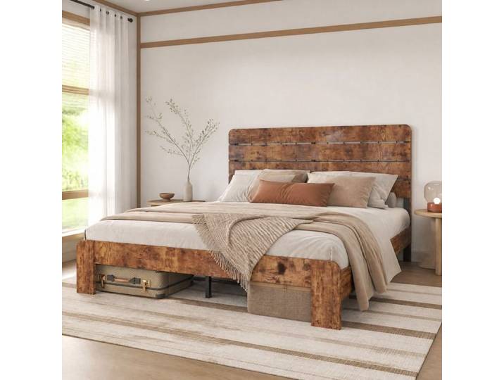 Lit adulte double 140×200 - ZEVKOR - 140x200 - Tête haute - Lattes métal - Effet bois vieilli