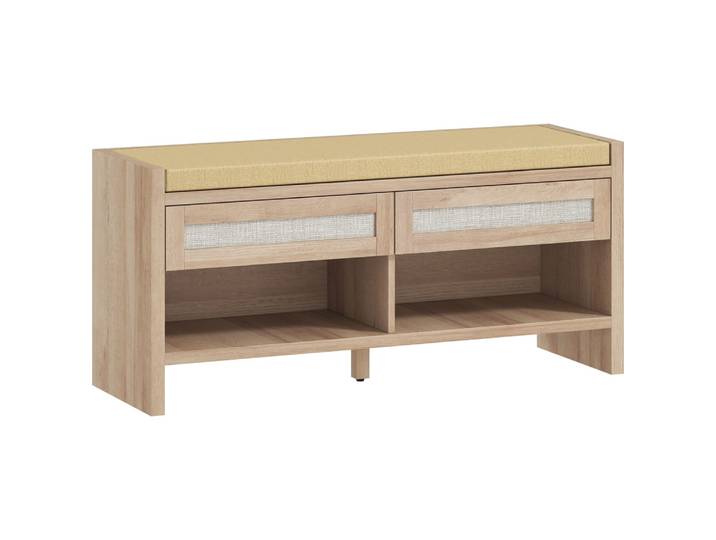 Banc à chaussures 2 tiroirs en rotin et étagère ouverte mdf chêne