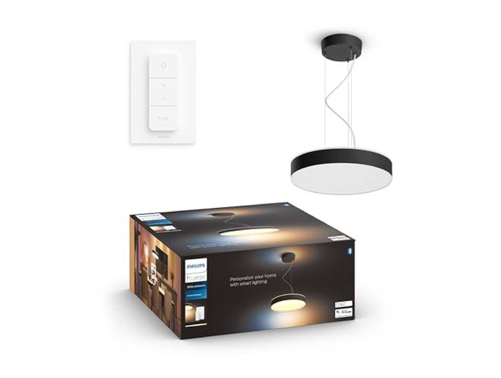 Philips Hue White Ambiance\, Suspension LED Enrave\, Avec Télécommande\, Noir Éclairage Plafond Suspendu Rond\, Blanc Chaud/Froid 2200-6500K\, Télécommande incluse\, Contrôle Vocal & App\, Bluetooth
