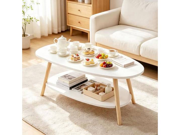 Chleby Table basse 2 étages Pieds en bois Table de salon rangement Table basse gain de place pour séjour décoration intérieure