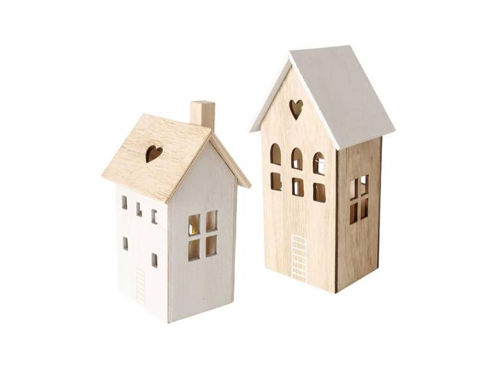 Boltze Home Holzdekoration Aldea mit Beleuchtung, 2 Häuser, Weiß, Holz, 11x25x12 cm, Dekoration, Dekofiguren & Skulpturen, Dekoobjekte