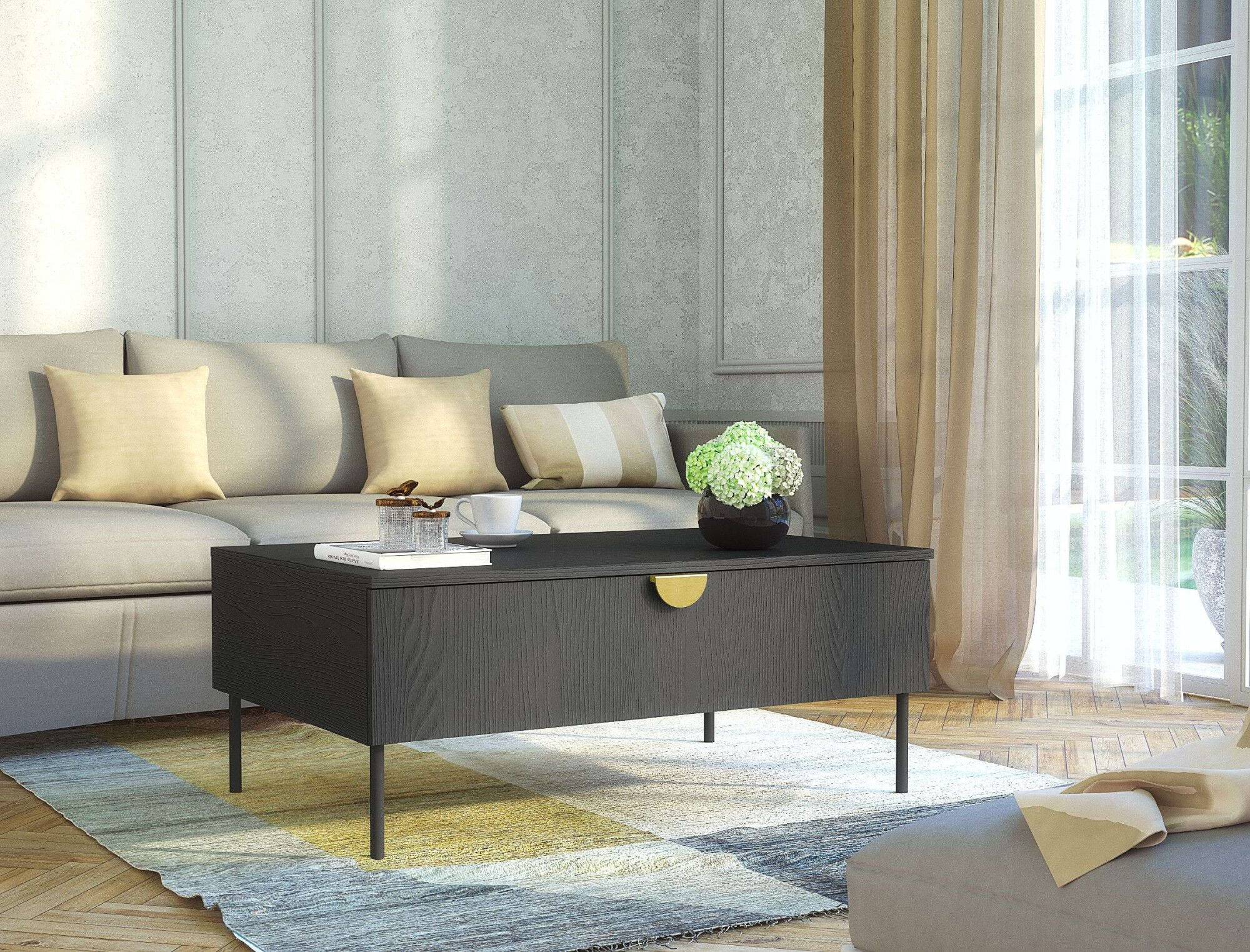 Couchtisch HOME AFFAIRE "BELLOT Kaffeetisch mit viel Stauraum, 100x66cm, modernes Design", schwarzer graphit, B:100cm H:41,6cm T:66cm, Tische, Couchtisch, Beistelltisch mit zusätzlichen Aufbewahrungsschränken, goldene Akzente schwarzer graphit B/H/T: 100c