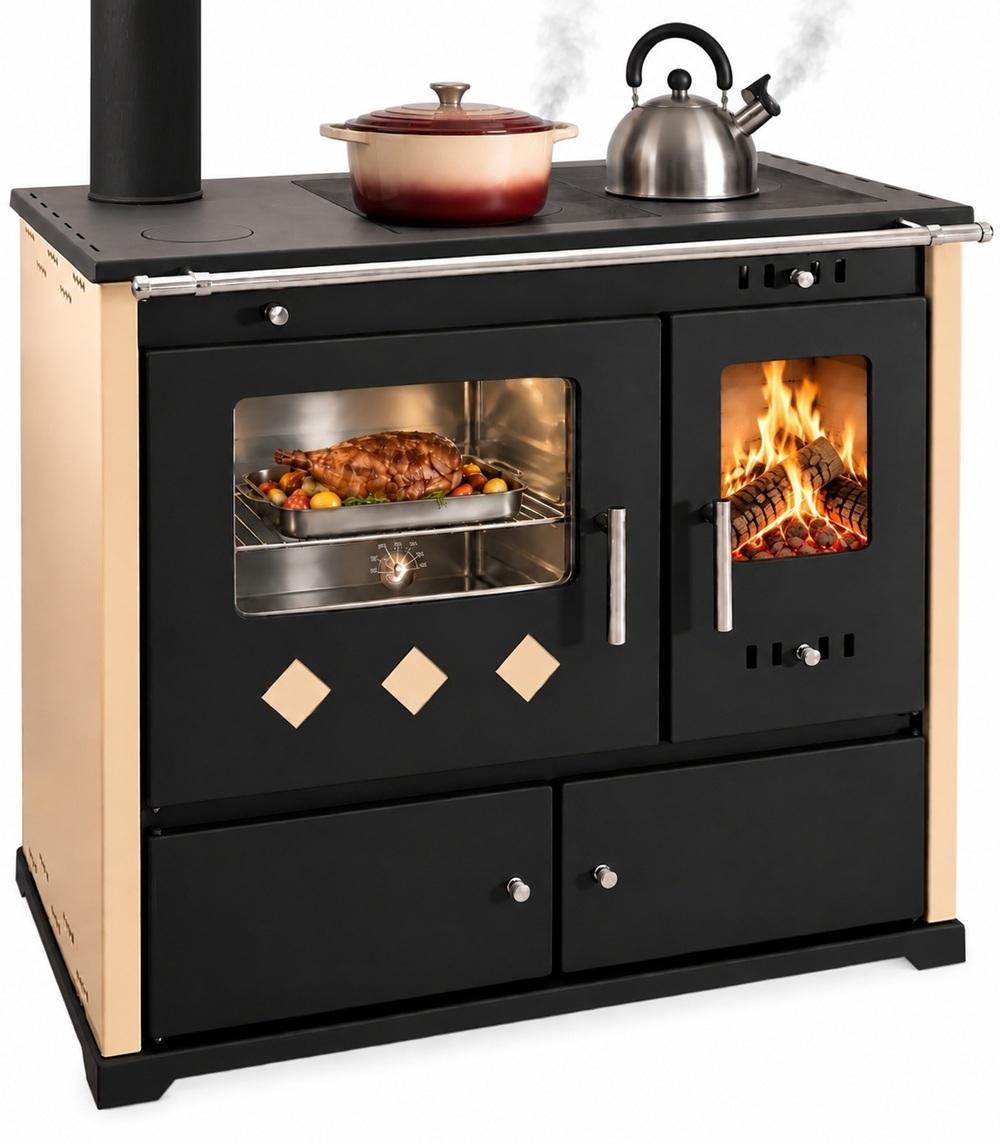 XL-Küchenofen Holzherd PR LUX INOX creme links mit Edelstahlbackfach