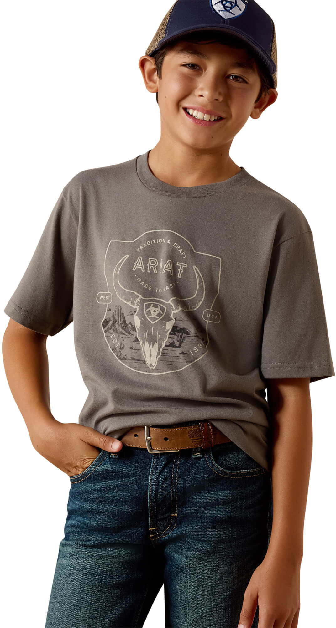 Kid's Desert Badge Tradition T-Shirt in Smoked Pearl, Size: Small by Ariat
