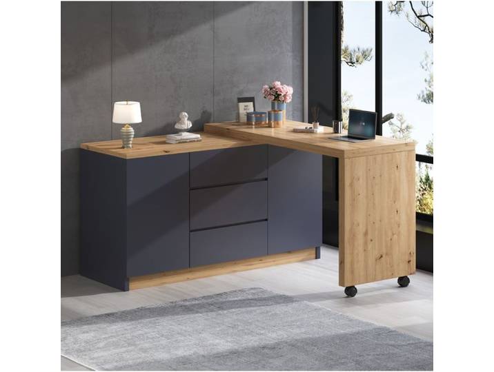 Bureau d Angle Pliable avec 2 Portes 3 Tiroirs et Roulettes - pour Bureau - 120×50×76 5 cm - Gris et Decor Chene