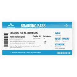 40. Geburtstag Einladungskarten in Blau im Design "Flugticket" - Musterkarte