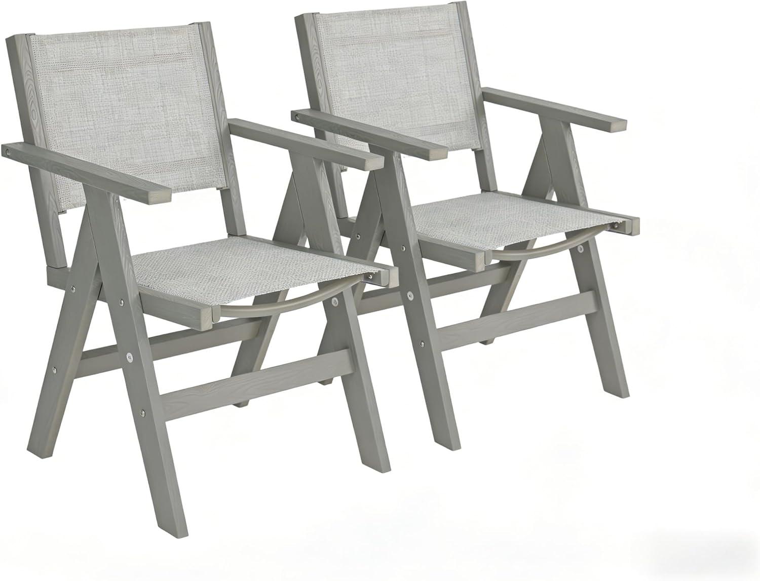 2er-Set klappbarer Outdoor-Esszimmerstühle aus HIPS mit geflochtener Sitzfläche und Rückenlehne, wetterbeständige Gartenstühle mit Armlehnen für Terrasse, Hof, Garten und Poolbereich, Hellgrau