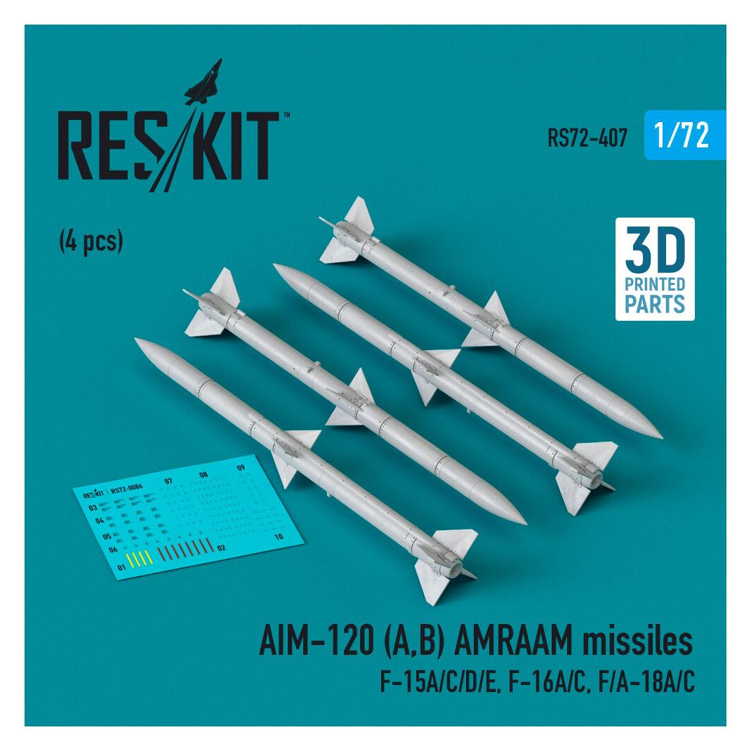 ResKit AIM-120 (A,B) AMRAAM missiles (4 pcs) (F-15A/C/D/E, F-16A/C, F/A-18A/C) (3D Printed) (RS72-0407)